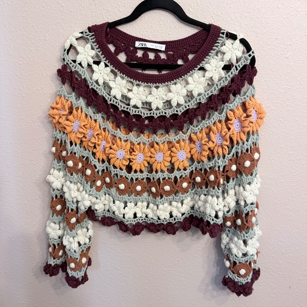 Zara Multicolored Floral Crochet Cropped Sweater Boho Festival Knit Small